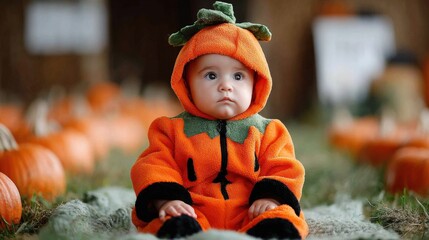 Adorable Baby in Pumpkin Costume Sitting Amongst Pumpkins, Celebrating Halloween, Fall Harvest Season