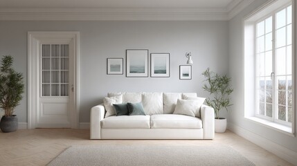 Fototapeta premium Bright Living Room Interior with White Sofa, Plants, and Natural Light for Modern Home Decor