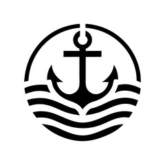 Black anchor centered on circular background with wavy lines, suitable for maritime branding, seafaring identity or nautical club logo with minimal and clean vector design