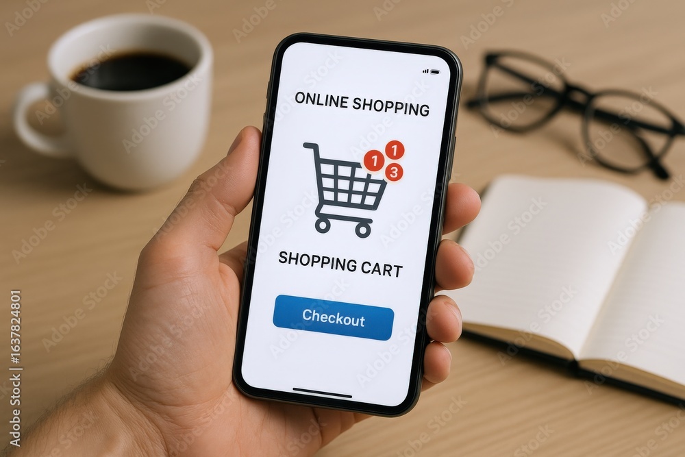 Poster online shopping app interface displayed on a smartphone with coffee and notebook on desk