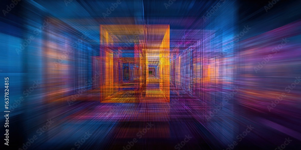 Poster abstract data center visualization with geometric shapes and motion blur in blue and orange tones