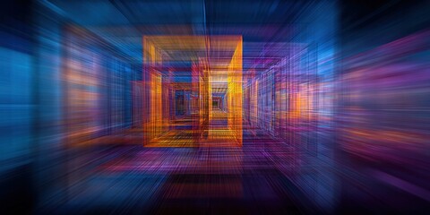 Abstract Data Center Visualization with Geometric Shapes and Motion Blur in Blue and Orange Tones