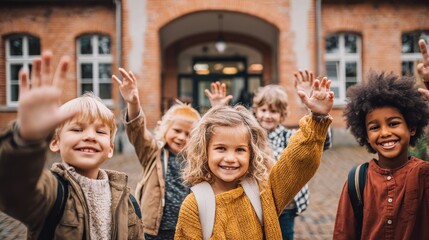 Excited Elementary School Students Waving Hello, Standing Outside Brick School Building with Backpacks on First Day