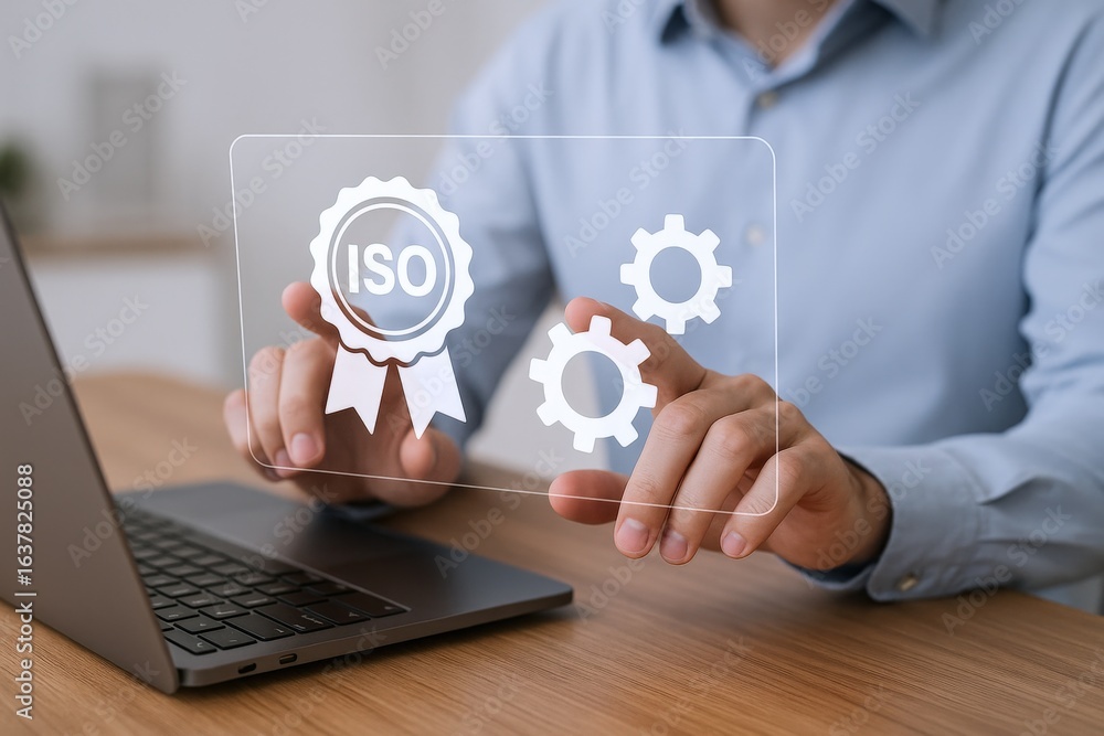 Poster quality assurance concept: businessman interacting with iso standard icons on a transparent digital 