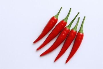 Five Vibrant Red Chili Peppers Arranged on a White Background, Food Photography for Culinary Applications