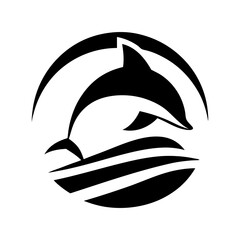Black and white dolphin jumping over ocean waves in circular frame, suitable for marine business logos, sea life branding and nautical themed design projects