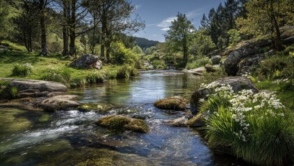 Sunny stream flowing through a lush, green forest valley with rocks and wildflowers