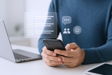 Businessman using a Smartphone checking virtual application icons. Mobile technology concept for business and communication.