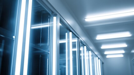 Obraz premium Server Room Data Center with Rows of Computer Racks and Fluorescent Lighting in a Modern Facility