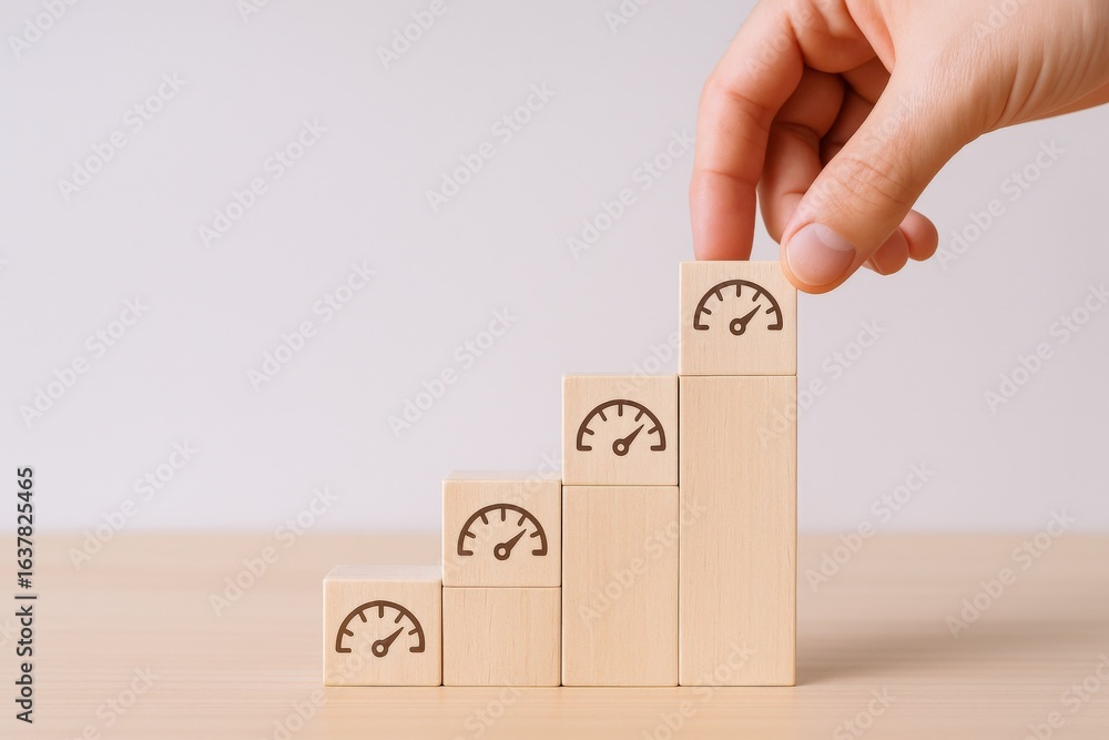 Poster wooden blocks stacked with performance meter icons showing growth, progress, and hand placing top bl