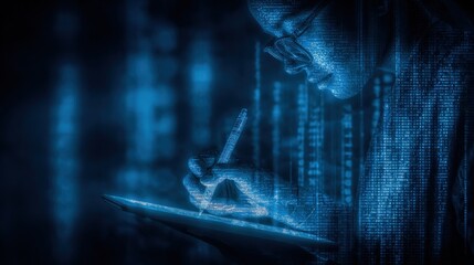 Digital Artist Creating Futuristic Artwork on Tablet with Stylus, Immersed in Technology and Creative Process