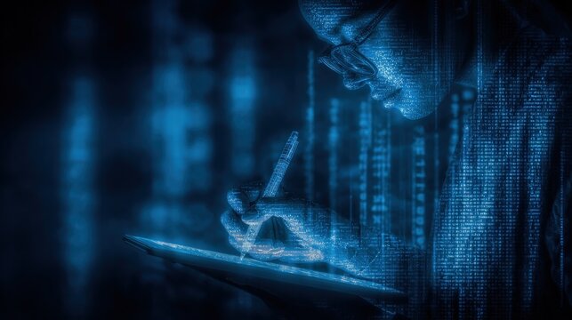 Digital Artist Creating Futuristic Artwork on Tablet with Stylus, Immersed in Technology and Creative Process