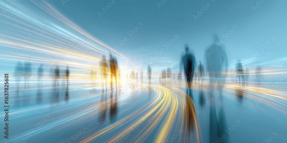 Poster blurred figures with light streaks: abstract conceptual background representing speed, motion, and p