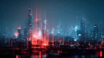 Futuristic Cityscape with Data Streams and Glowing Lights, Illustrating Technology and Digital Connectivity