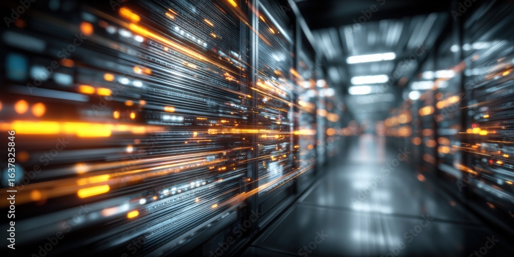 Poster data center with servers, orange lights, and network connections for computing technology