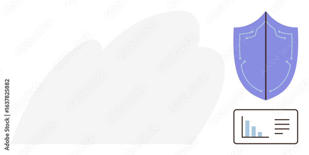Poster blue shield symbolizing security and protection alongside a data chart with bars. ideal for data sec
