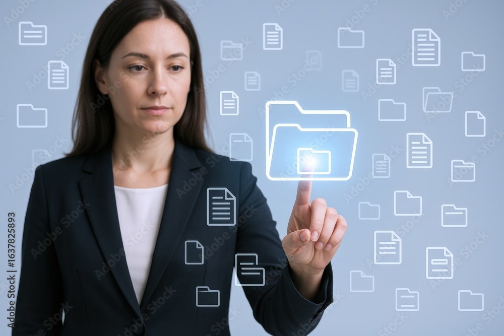Aufkleber businesswoman interacting with digital data interface, demonstrating file management and document or