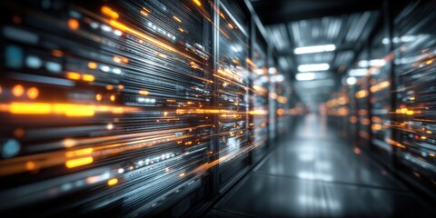 Data center with servers, orange lights, and network connections for computing technology