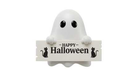 Cute plump cartoon ghost holding happy Halloween sign with black cat on transparent background for holiday card.