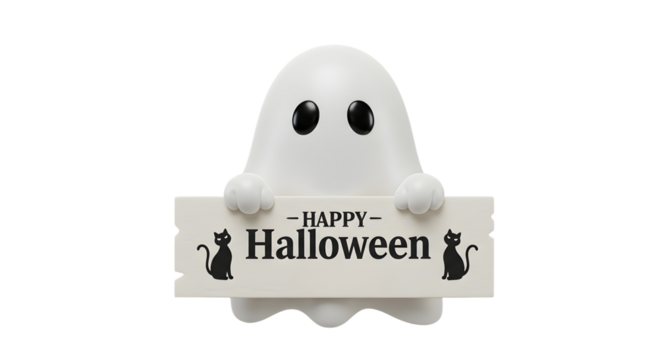 Cute plump cartoon ghost holding happy Halloween sign with black cat on transparent background for holiday card.