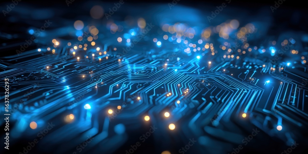 Poster futuristic circuit board design with glowing nodes and lines, high-tech innovation backdrop