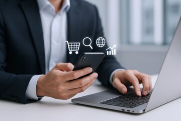 Businessman Using Smartphone and Laptop for Online Shopping, E-commerce, and Digital Marketing Strategies