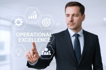 Executive Demonstrating Operational Excellence Strategy Through Digital Interface, Showcasing Business Growth and Efficiency Improvement