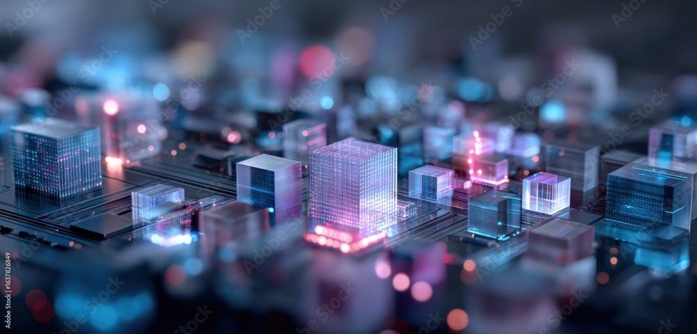 Poster abstract technological cubes illustration depicting data processing, high technology, connectivity a
