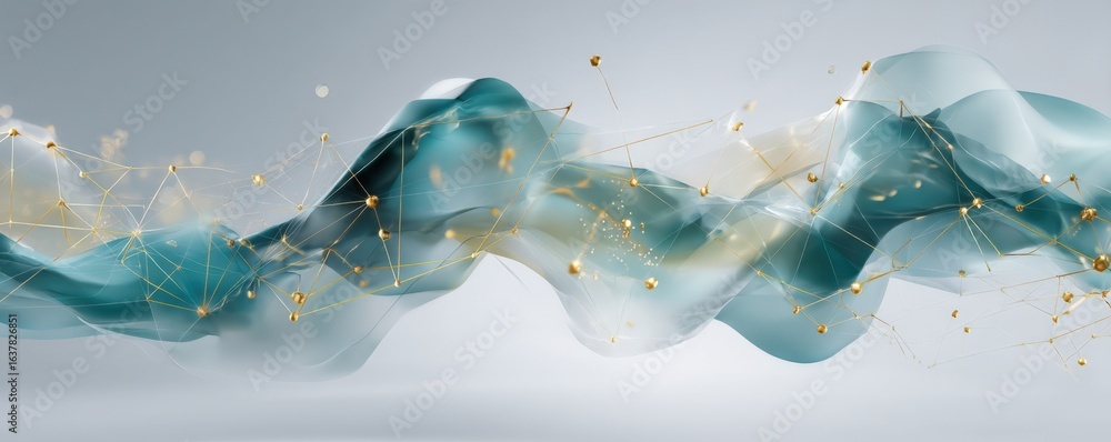 Poster abstract blue wave with gold particle network - modern technology background