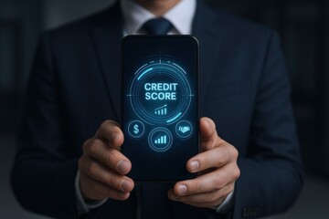 Man in Suit Holding Smartphone Displaying Credit Score Interface, Financial Technology and Data