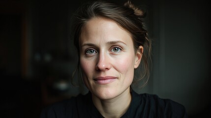 Portrait of a Young Woman with Natural Beauty and Expressive Eyes in Soft Lighting