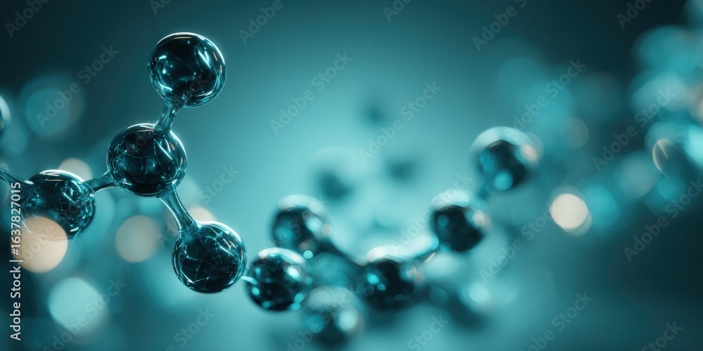 Poster detailed 3d render of molecular structure with shiny spheres and bonds on a teal background
