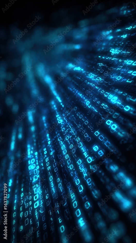 Poster futuristic binary code stream in blue tones, abstract data flow visualization, technology background