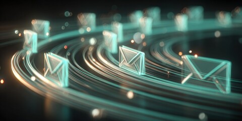 Digital communication and information exchange through email networks on a blue neon cyberspace background