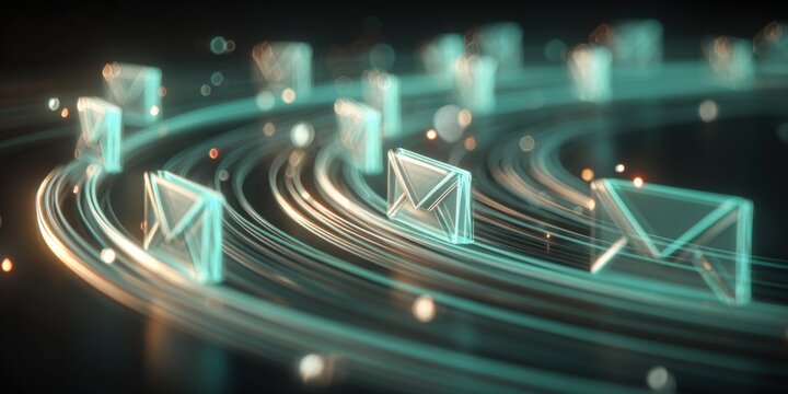 Digital communication and information exchange through email networks on a blue neon cyberspace background - Powered by Adobe