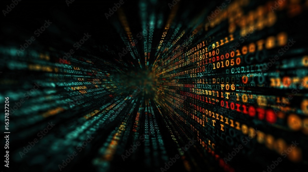 Poster abstract digital data stream background with binary code and blurred depth of field