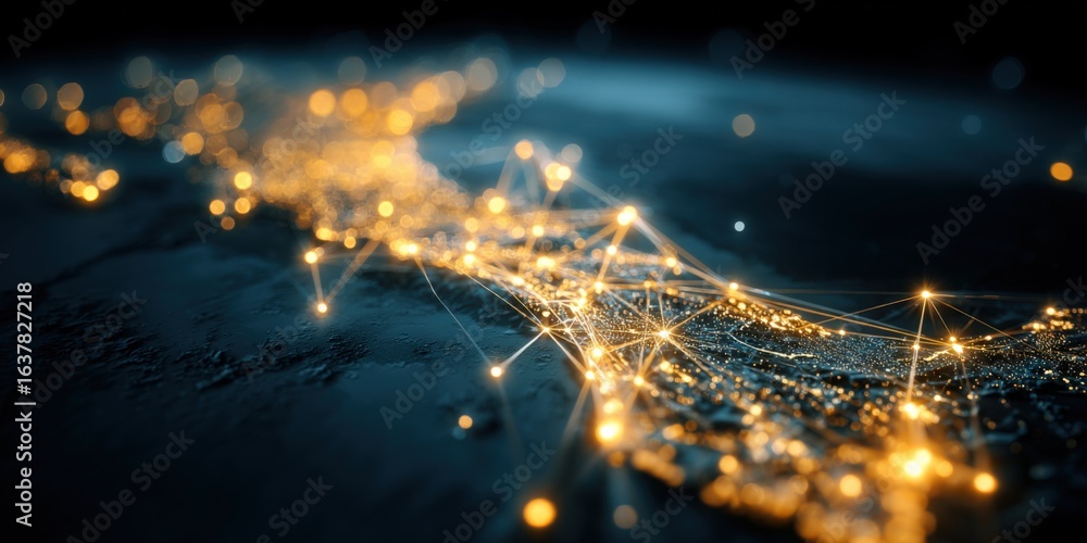 Poster abstract network visualization with glowing connections on a dark backdrop illustrating global conne