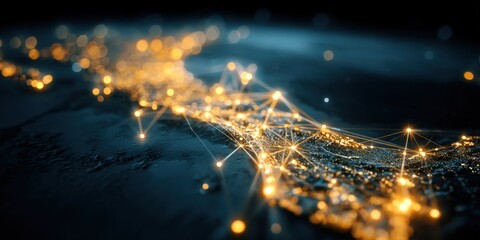 Obraz premium Abstract Network Visualization with Glowing Connections on a Dark Backdrop Illustrating Global Connectivity