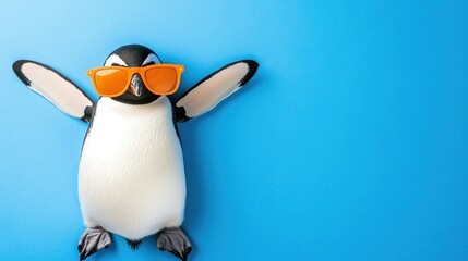 Fototapeta premium Penguin with Orange Sunglasses Close - up, Solid Color Background, Creative Cute Pet, Fashion Accessory, Funny Animal