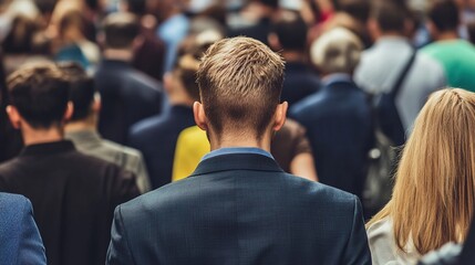 Suit Back in Workplace Crowd, Employment Pressure & Urban Business Commute Scene