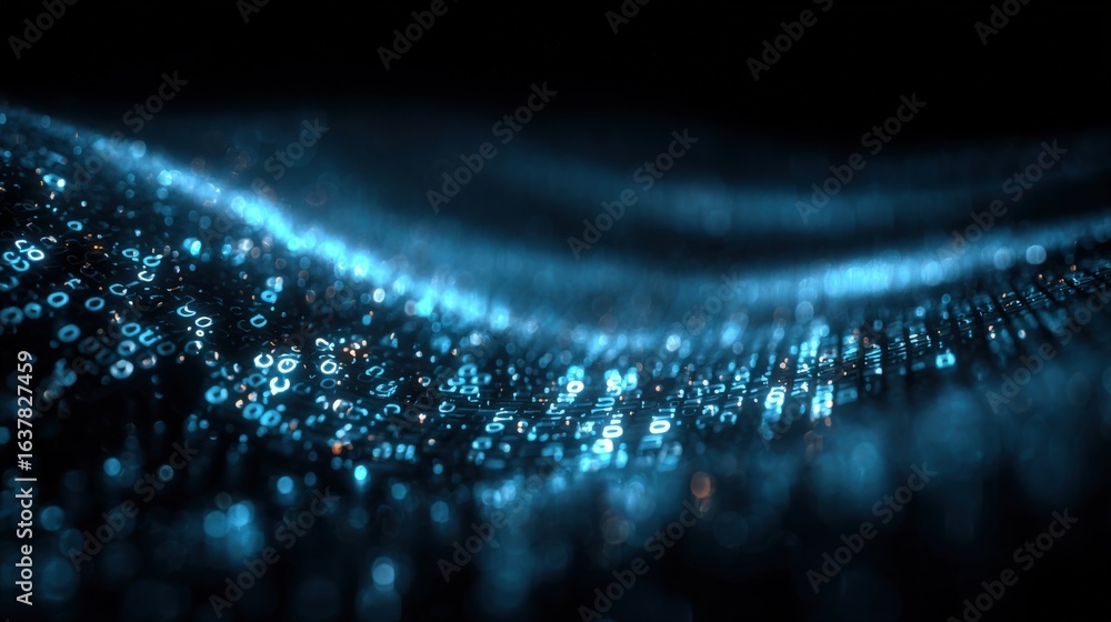 Poster abstract digital binary code stream background, data flow visualization, information technology conc