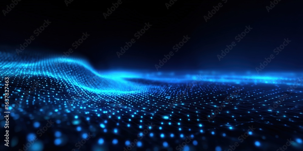 Poster blue digital wave abstract background - futuristic technology concept with particle dots and dark ba
