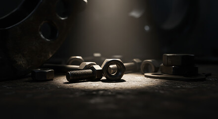 Industrial still life of scattered nuts and bolts on a dark workshop table under a dramatic spotlight. Image_fx 2025.