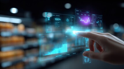 Interactive Data Visualization Displayed on Transparent Screen with Hand Touching Interface in Supermarket