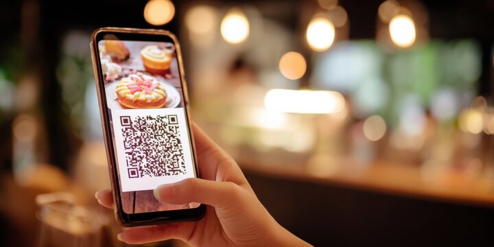 Hand Holding Smartphone Scanning QR Code for Restaurant Menu or Digital Payment