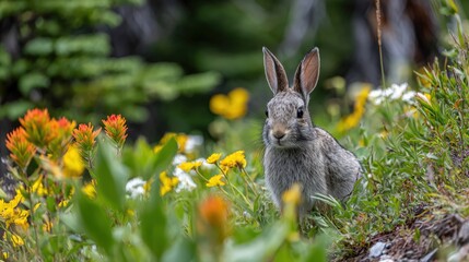 Wild Rabbit Amongst Colorful Wildflowers in a Lush Meadow Habitat, Wildlife Stock Image