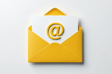 Realistic yellow email envelope with "@" symbol on card