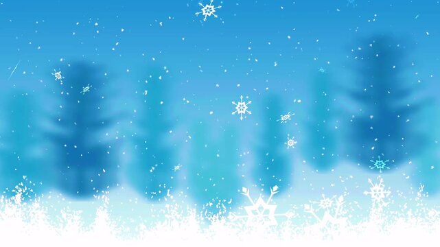 snowy scene with snowflakes falling and piling up below with silhouettes of pine trees, creating a winter atmosphere
