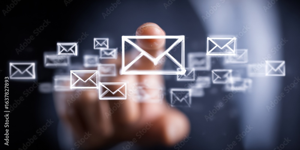 Poster sending digital messages: hand touching digital envelopes representing email communication and onlin