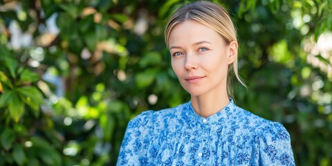 Portrait of a Young Woman in a Floral Blue Dress Surrounded by Lush Greenery